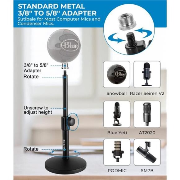 Upgraded Desktop Microphone Stand, Adjustable Mic Stand Desk with Pop Filter - Picture 6 of 7